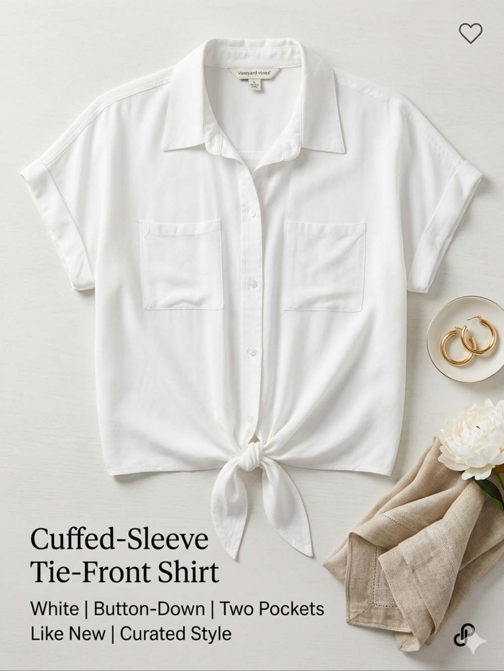Classic White Short-Sleeve Button-Down Shirt with Chest Pockets Front Tie